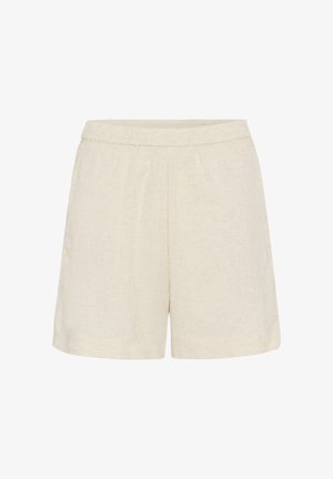 Lanene kratke hlače u kremasto bijeloj boji, s opuštenim krojem, mekanom teksturom i jednostavnim elastičnim pojasom za udobnost.