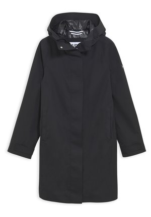 Schwarze wasserdichte Jacke mit Kapuze, Druckknopfverschluss, zwei Seitentaschen und glatter Innenseite. Sie verfügt über einen geraden Schnitt und lange Ärmel.