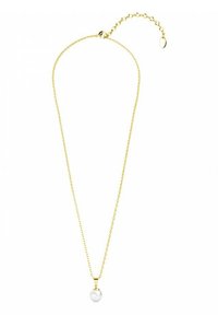 Collana in oro con pendente a perla bianca rotonda, design delicato, lunghezza regolabile con chiusura e catena di estensione.