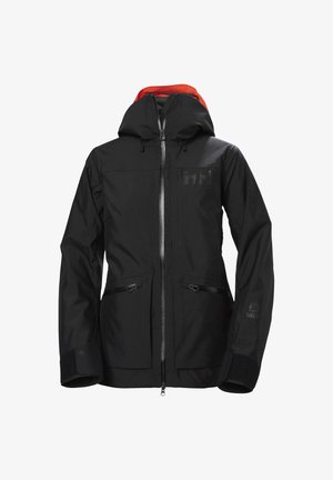 Zwarte waterdichte jas met een afneembare capuchon, een voorrits, twee zijzakken, contrasterende oranje voering en logo-accenten op de borst en mouw.