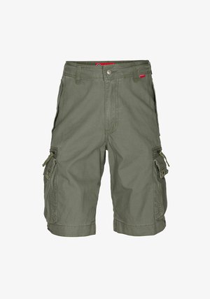 Cargo šortky v olivovo zelenej bavlnenej tkanine. Majú viaceré bočné vrecká, vrecko na zips a ohrnutý lem pre pridanie detailov.