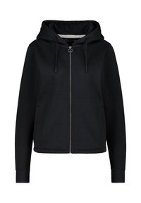 Felpa nera con zip realizzata in morbido tessuto, dotata di cappuccio con cordino, polsini a coste e due tasche laterali. Design semplice senza motivi visibili.