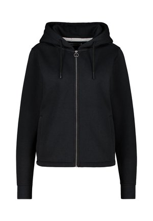 Zwarte zip-up hoodie van zacht materiaal, met een trekkoordkap, ribgebreide manchetten en twee zijzakken. Eenvoudig ontwerp zonder zichtbare patronen.
