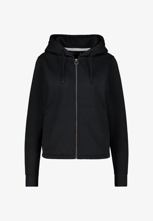 Felpa nera con zip realizzata in morbido tessuto, dotata di cappuccio con cordino, polsini a coste e due tasche laterali. Design semplice senza motivi visibili.