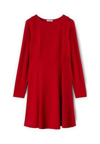 Rotes langärmeliges Kleid mit rundem Ausschnitt, A-Linienform, glatter Textur und minimalen Nahtdetails.
