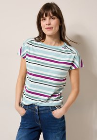 Stribet t-shirt lavet af bomuld, med vandrette striber i mintgrøn, lilla og marineblå, med en afslappet pasform og korte ærmer.