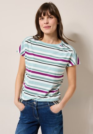 Gestreiftes T-Shirt aus Baumwolle, mit horizontalen Streifen in Minzgrün, Lila und Marineblau, lockerem Schnitt und kurzen Ärmeln.