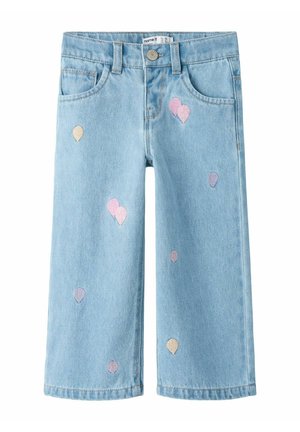 Lyseblå børne-denimbukser med broderede pastelfarvede balloner, knaplukning og forlommer.