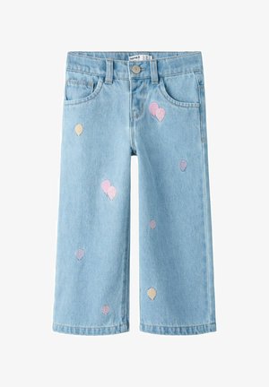 Pantalones vaqueros azul claro para niños con globos bordados en tonos pastel, cierre de botón y bolsillos delanteros.