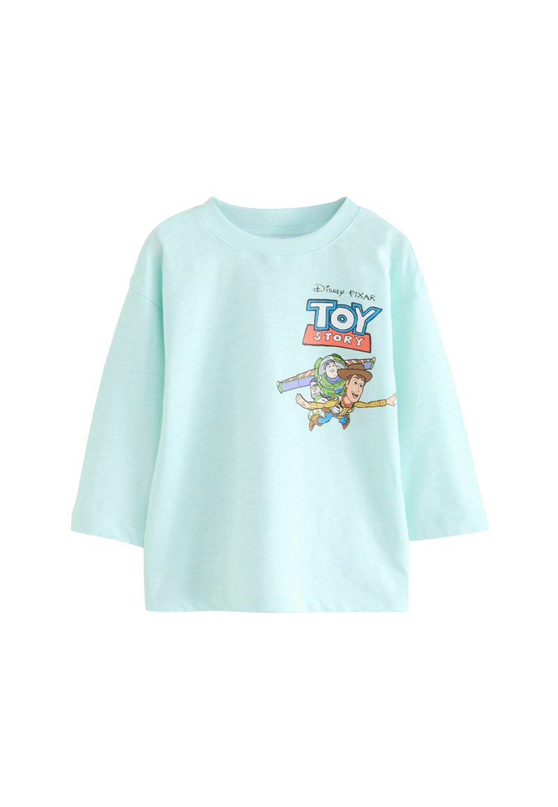 Helles blaues T-Shirt mit kurzen Ärmeln, das ein Grafikdesign von Buzz Lightyear und Woody aus Toy Story zeigt. Hergestellt aus weichem Baumwollstoff.