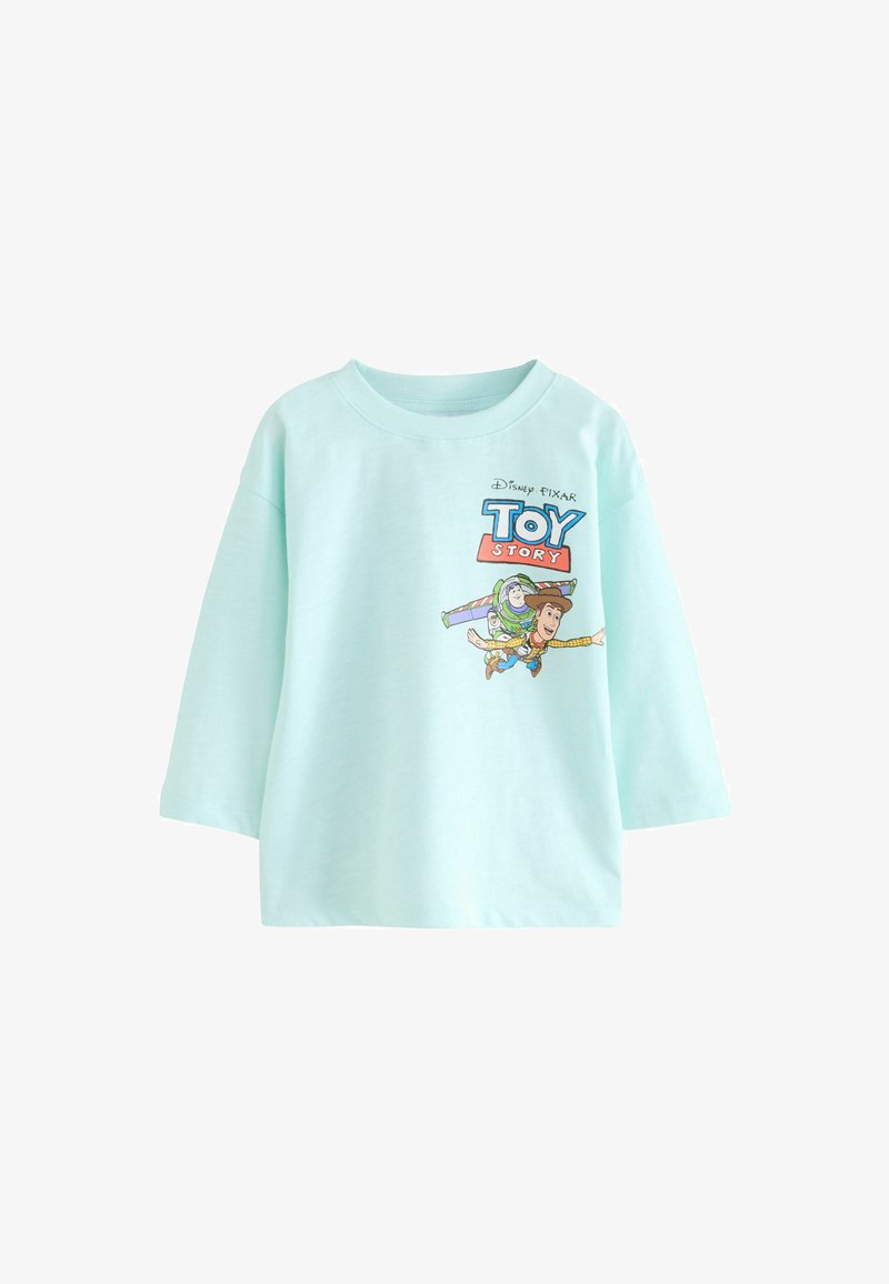 Light blue long-sleeve shirt with Toy Story logo and characters Woody and Buzz Lightyear flying on the front.