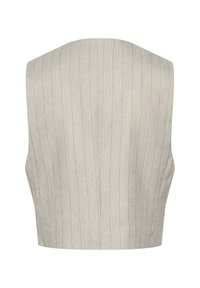 Gilet sans manches en lin beige clair avec des rayures verticales. Présente un décolleté structuré et une texture lisse à l'arrière.