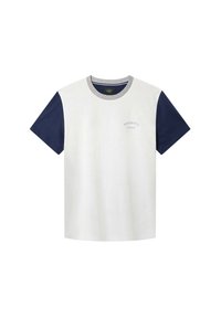 Camiseta de algodón con mangas cortas azul marino y cuerpo gris claro. Presenta un cuello redondo y un pequeño logo "HACKETT LONDON" en el pecho.