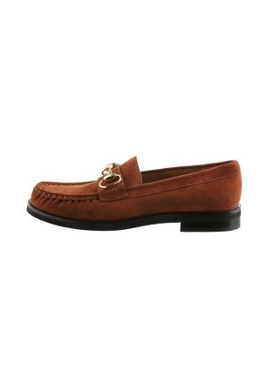 Brown suede loafer with gold metal horsebit detail, low black heel, and stitched moccasin-style toe.