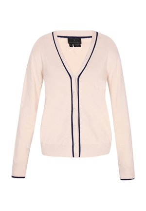 V-hals, lange mouwen cardigan in zacht beige breimateriaal, met marineblauwe accenten langs de randen en kleine witte knopen aan de voorkant.