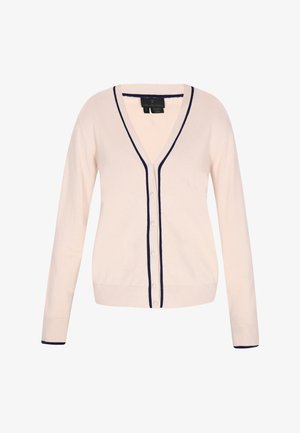 V-hals, lange mouwen cardigan in zacht beige breimateriaal, met marineblauwe accenten langs de randen en kleine witte knopen aan de voorkant.