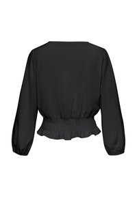 Schwarze, gekürzte Bluse mit langen Ärmeln, rundem Halsausschnitt und gerafftem Taillenbund. Glattes Gewebe mit leichtem Glanz, das einen Rüschensaum aufweist.