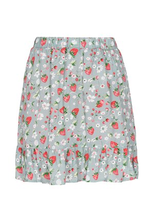 Grauer Blumrock mit einem Erdbeer- und Blumenmuster, elastischem Taillenbund und einem Rüschensaum am unteren Ende. Hergestellt aus leichtem Stoff.