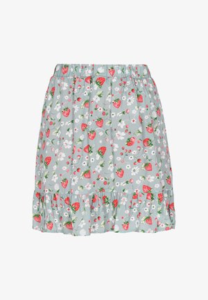 Grå blomsterkjole med et jordbær- og blomstermønster, elastisk talje og en flæse ved bunden. Fremstillet af letvægtsstof.