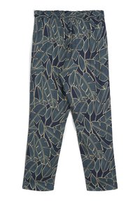 Pantaloni blu navy con motivo a foglie in blu e crema, dotati di cintura elastica e vestibilità rilassata. Tessuto leggero con una texture liscia.