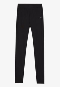 Czarne legginsy wykonane z gładkiego, elastycznego materiału. Oferują dopasowany krój, elastyczny pas w talii oraz minimalny detal z logo w okolicy talii.