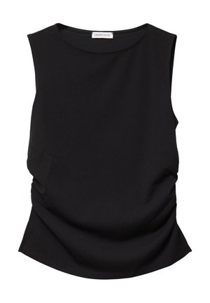 Blusa sin mangas negra con escote redondo y laterales fruncidos, con etiqueta "Cache Cache" en la parte posterior del cuello.