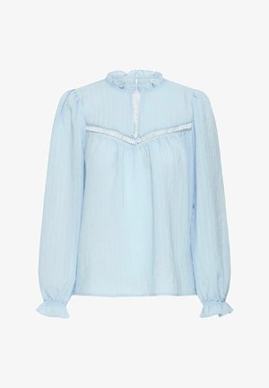 Lyseblå bomuldsbluse med lange pufærmer, en flæset mock neck og delikat horisontal broderi over brystet.