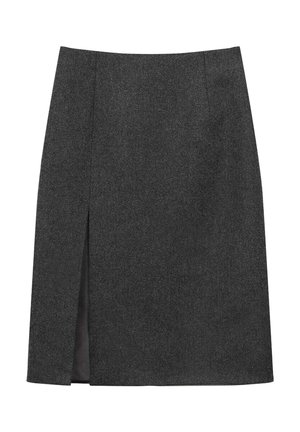 Jupe crayon en mélange de laine grise avec une coupe élégante, détail fente sur le côté et doublure intérieure lisse. Sans matériel visible ni motifs.