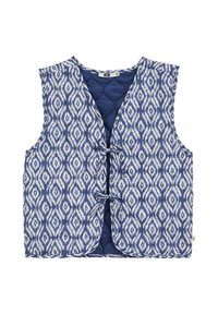 Merino sininen päällystakkijakku, jossa on valkoinen timanttikuvio, hihaton muotoilu ja etusiteet. Valmistettu kevyestä kankaasta, jolla on sileä rakenne.