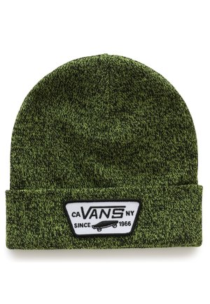 Bonnet tricoté vert et noir avec revers, orné d'un patch logo Vans blanc représentant un skateboard et le texte « CA NY Since 1966 ».