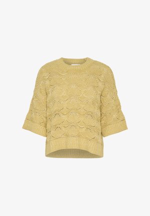 Keltainen neulepaita, jossa on avoin kuvio, lyhyet hihat ja pyöreä pääntie. Siinä on tekstuurinen ribbireuna ja pehmeä materiaali.