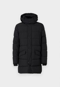 Mustmustest must coat with hood, millel puhvaarne disain, nööbid ja kaks esikotti. Valmistatud siledast, isoleeritud materjalist.