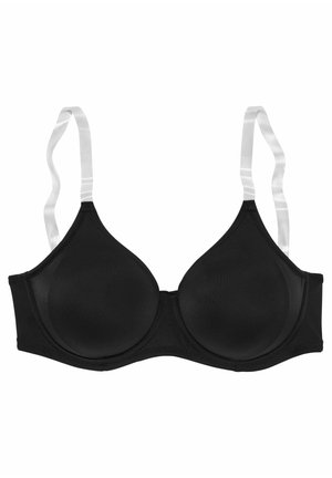 Black padded bra with smooth fabric, underwire support, and adjustable straps featuring a contrasting white trim.