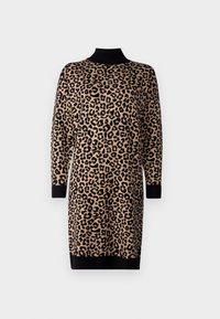 Kofta i leopardmönster i brunt och svart. Har hög hals, långa ärmar och ribbad nederkant. Mjuk textur, avslappnad passform.