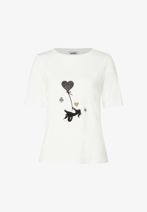Wit katoenen T-shirt met korte mouwen, bedrukt met een zwart silhouet van een meisje dat een ballon in de vorm van een hart met stippen vasthoudt, omringd door symbolen.