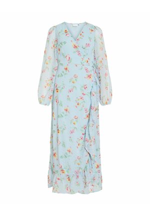 Robe portefeuille à manches longues bleu clair avec imprimé floral rose et jaune, décolleté en V, ourlet à volants et manches transparentes.