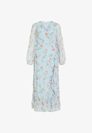 Robe portefeuille à manches longues bleu clair avec imprimé floral rose et jaune, décolleté en V, ourlet à volants et manches transparentes.