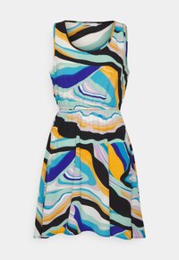 Sleeveless dress featuring a fitted waist, made of lightweight fabric. Bold abstract pattern in blue, yellow, black, and white.