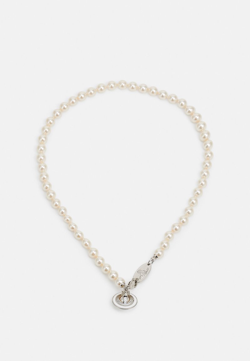 Pearl necklace composed of small, glossy white pearls, featuring a silver clasp with a circular accent. Smooth texture, classic design.