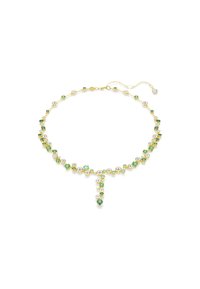 Gouden ketting met groene en helder gekleurde kristallen in een bloemmotief, voorzien van een hanger en een verstelbare ketting voor lengte.