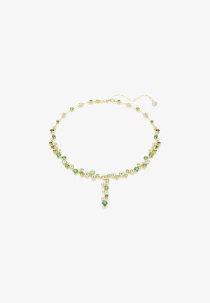 Goldene Halskette mit grünen und klaren Kristallen, die in einem floralem Muster angeordnet sind, mit einem Tropf-Anhänger und einer verstellbaren Kette für die Länge.