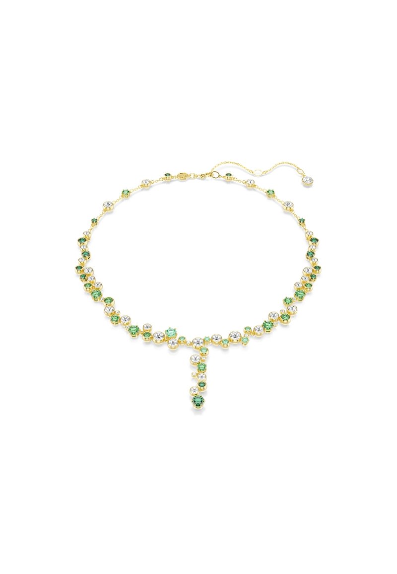 Gouden ketting met groene en helder gekleurde kristallen in een bloemmotief, voorzien van een hanger en een verstelbare ketting voor lengte.