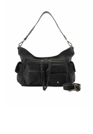Borsa a mano in pelle nera con forma curva, dotata di numerose tasche con zip, dettagli intrecciati e tracolla removable.