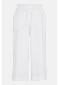 Weiße Leinen-Hose mit weitem Bein, elastischem Bund und seitlichen Taschen. Der Stoff hat eine weiche Textur und eine glatte Oberfläche.
