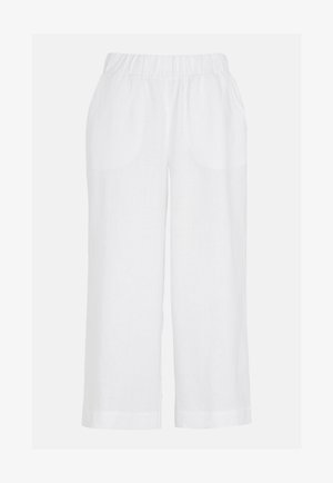 Hvide linned bukser med vid ben, elastisk talje og sidelommer. Stofret har en blød tekstur og en glat finish.