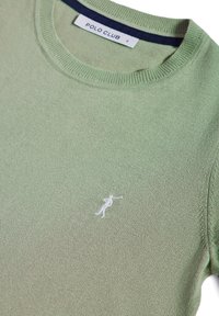 Pull en tricot vert avec un col rond et des poignets côtelés. Présente un petit logo brodé blanc sur la zone gauche de la poitrine.