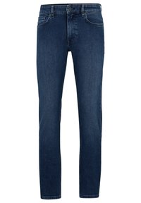 Mörkblå denimjeans med rak skärning, femficksdesign, knappstängning och diskret blekning på låren.