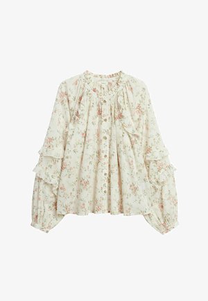 Crèmekleurige blouse met roze en groene bloemenprint, knopen aan de voorkant, gerimpelde details aan de mouwen en halslijn, en lange opgeblazen mouwen met elastische manchetten.