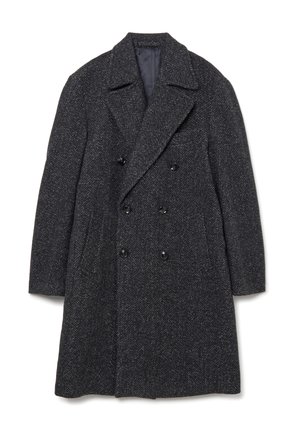 Double-breasted coat in dark gray herringbone texture, featuring large black buttons and notched lapels, with side pockets and a tailored fit.