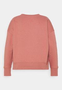 Sudadera en color rosa desgastado, confeccionada en tejido suave, presenta un cuello redondo, hombros caídos y puños acanalados con un corte relajado.
